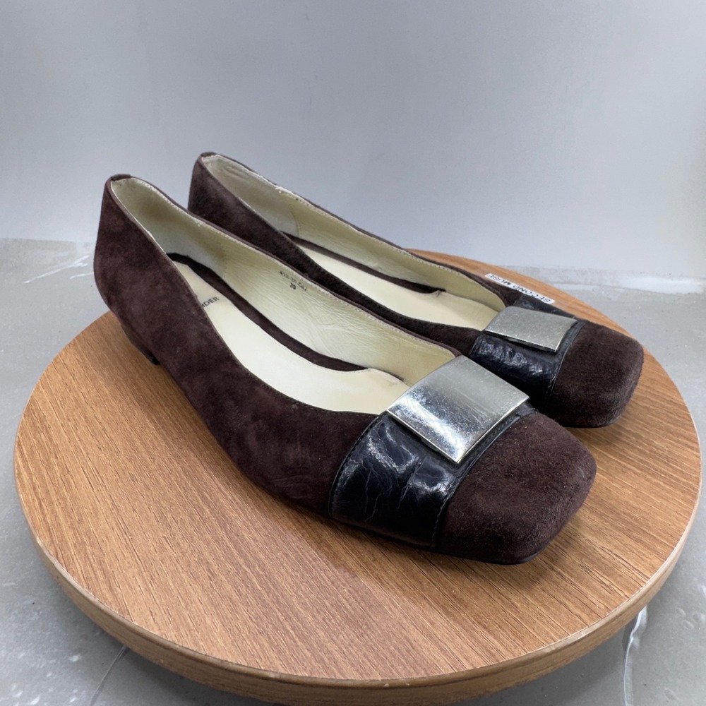 Salamander Square Toe Kitten Heels Size 39 8 Brown Suede Metal Buckle Office